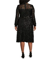 R & M Richards Plus Size V-Neck Long Sleeve Sequin Power Mesh Sheath Dress