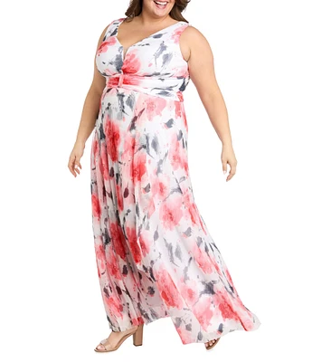R & M Richards Plus Size V-Neck Sleeveless Printed A-Line Gown
