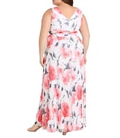 R & M Richards Plus Size V-Neck Sleeveless Printed A-Line Gown