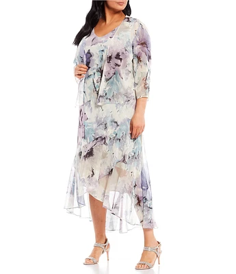 R & M Richards Plus Size Watercolor Floral Printed Chiffon V-Neck Tiered Ruffle High-Low Hem 3/4 Sleeve 2-Piece Jacket Dress