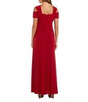 R & M Richards Rhinestone Trim Short Cold Shoulder Sleeve Thigh High Slit Sweetheart Neck Matte Jersey Gown