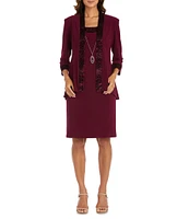 R & M Richards Round Neck 3/4 Sleeve Glitter Velvet Trim 2-Piece Jacket Dress