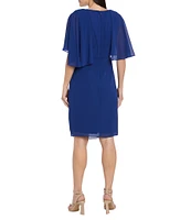 R & M Richards Round Neck Capelet Sleeve Souffle Crepe Chiffon Sheath Dress