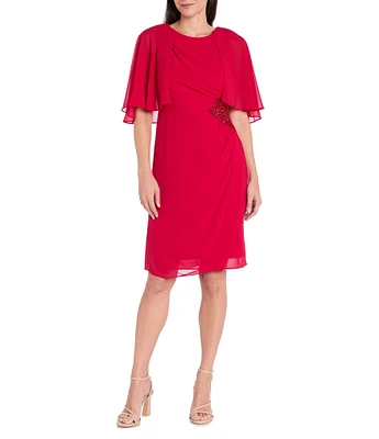 R & M Richards Round Neck Capelet Sleeve Souffle Crepe Chiffon Sheath Dress
