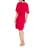 R & M Richards Round Neck Capelet Sleeve Souffle Crepe Chiffon Sheath Dress