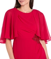 R & M Richards Round Neck Capelet Sleeve Souffle Crepe Chiffon Sheath Dress