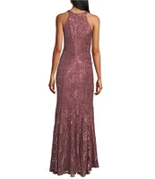 R & M Richards Scalloped Bodice Keyhole Neck Glitter Lace Mermaid Gown