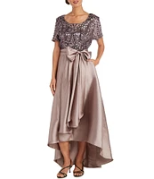 R & M Richards Scoop Neck Short Sleeve Embroidered Sequin High-Low Gown