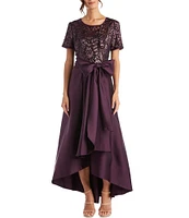 R & M Richards Scoop Neck Short Sleeve Embroidered Sequin High-Low Gown