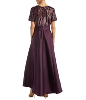 R & M Richards Scoop Neck Short Sleeve Embroidered Sequin High-Low Gown