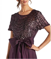 R & M Richards Scoop Neck Short Sleeve Embroidered Sequin High-Low Gown