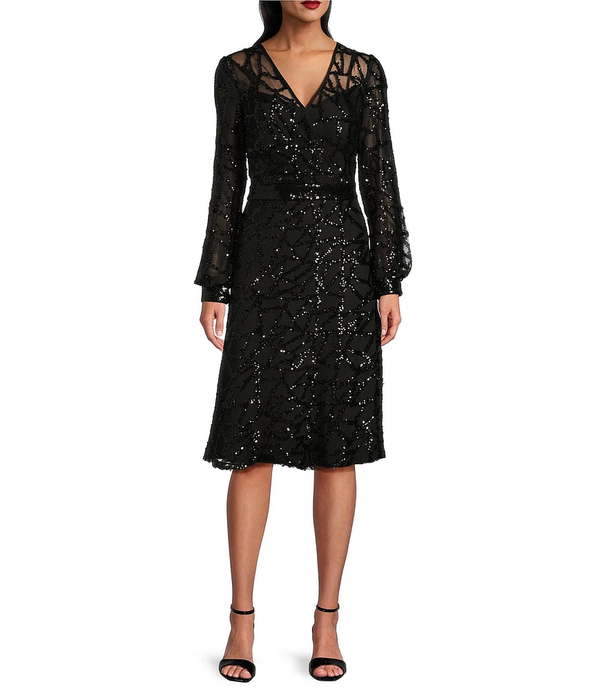 R & M Richards Sequin Power Mesh Beaded Surplice V-Neck Long Cuffed Sleeve A-Line Dress