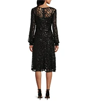 R & M Richards Sequin Power Mesh Beaded Surplice V-Neck Long Cuffed Sleeve A-Line Dress