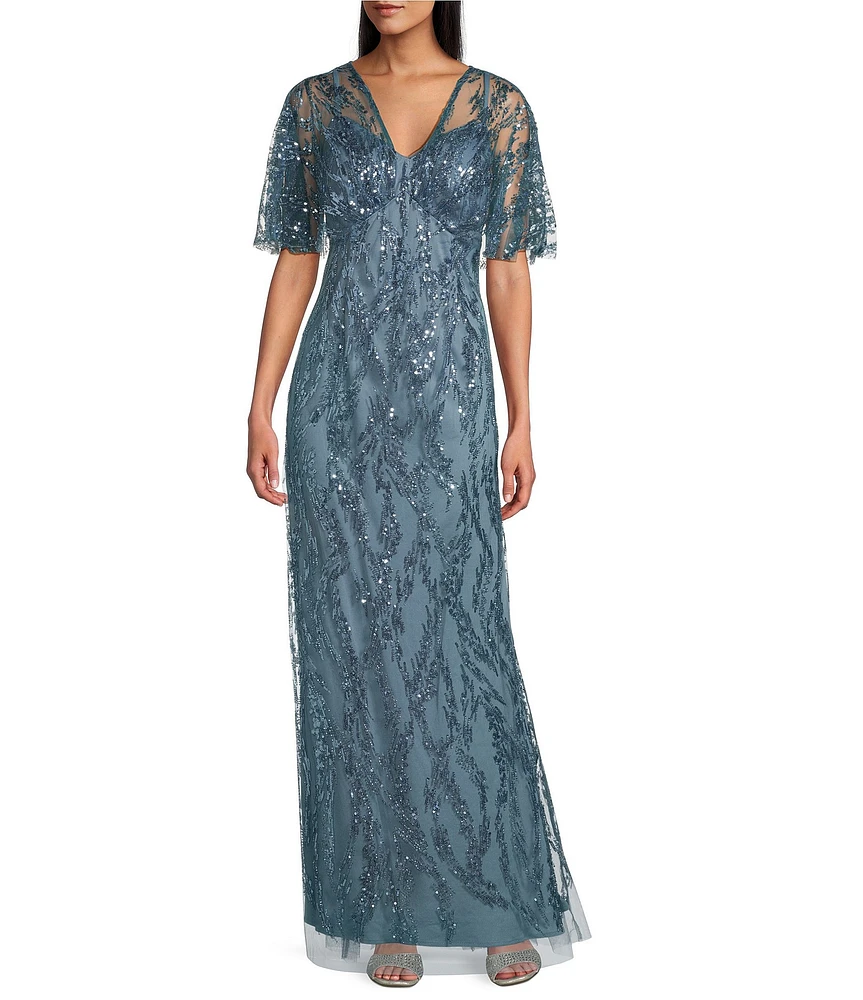 R & M Richards Sequin V-Neck Flutter Sleeve Sheer Capelet A-line Dress