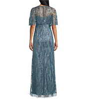 R & M Richards Sequin V-Neck Flutter Sleeve Sheer Capelet A-line Dress