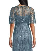 R & M Richards Sequin V-Neck Flutter Sleeve Sheer Capelet A-line Dress