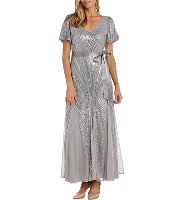 R & M Richards Short Puffed Sleeve Scoop Neck Sequin Long Dress