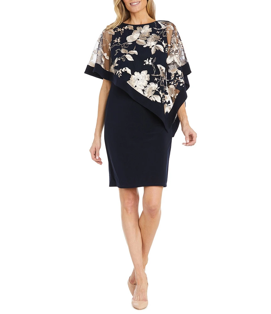 R & M Richards Short Sleeve Boat Neck Embroidered Poncho Dress