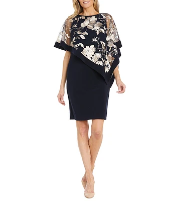 R & M Richards Short Sleeve Boat Neck Embroidered Poncho Dress