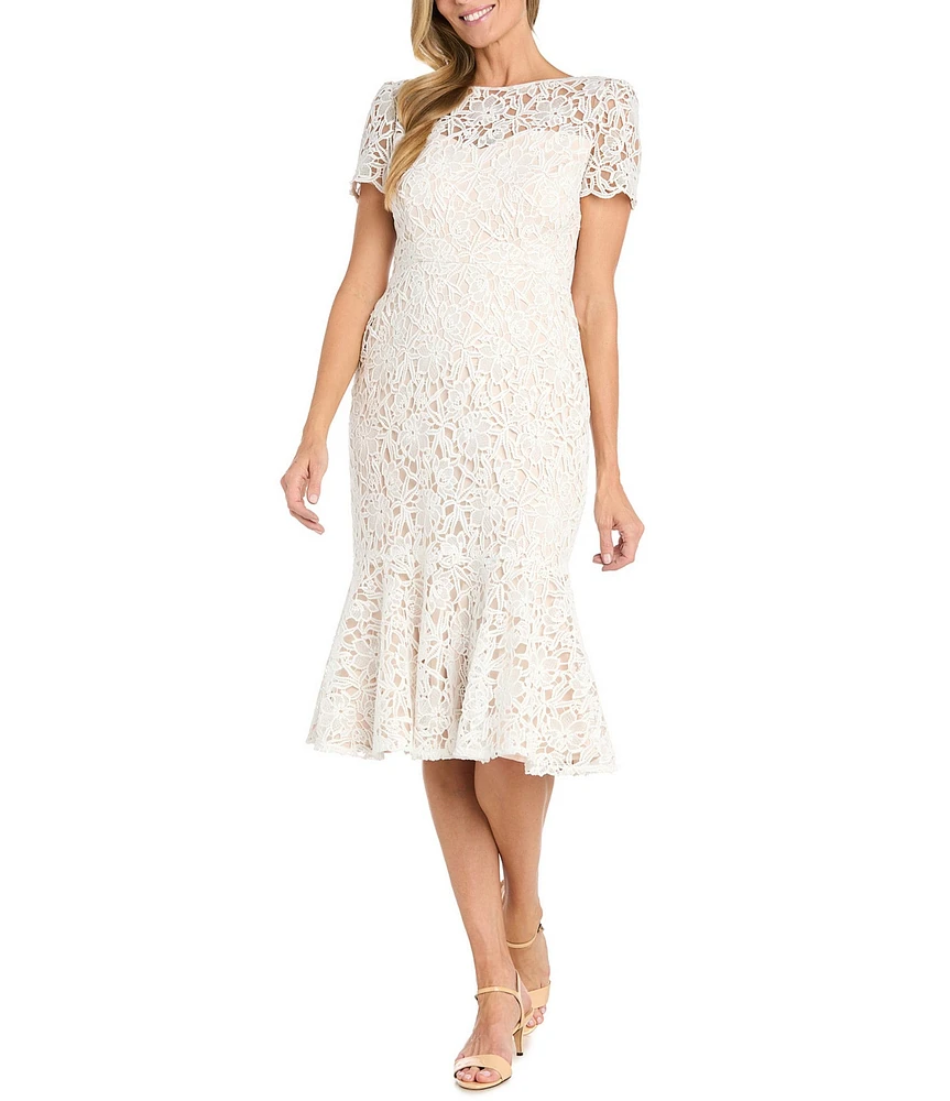 R & M Richards Short Sleeve Crew Neck Fit and Flare Lace Dress