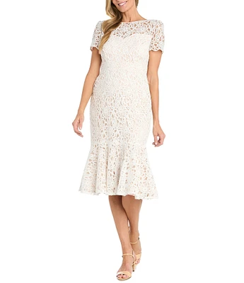 R & M Richards Short Sleeve Crew Neck Fit and Flare Lace Dress