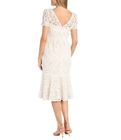 R & M Richards Short Sleeve Crew Neck Fit and Flare Lace Dress