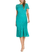 R & M Richards Short Sleeve Crew Neck Fit and Flare Lace Dress