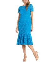 R & M Richards Short Sleeve Crew Neck Fit and Flare Lace Dress