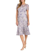 R & M Richards Short Sleeve Illusion Crew Neck Floral Embroidered Flounce Hem Sheath Dress