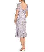 R & M Richards Short Sleeve Illusion Crew Neck Floral Embroidered Flounce Hem Sheath Dress