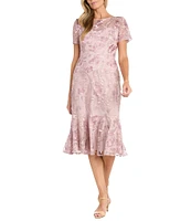 R & M Richards Short Sleeve Illusion Crew Neck Floral Embroidered Flounce Hem Sheath Dress
