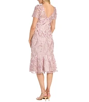 R & M Richards Short Sleeve Illusion Crew Neck Floral Embroidered Flounce Hem Sheath Dress