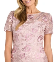 R & M Richards Short Sleeve Illusion Crew Neck Floral Embroidered Flounce Hem Sheath Dress