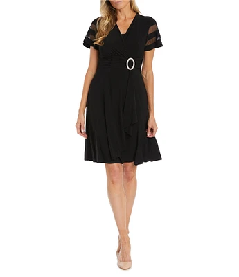 R & M Richards Short Sleeve V-Neck Rhinestone Buckle Fit And Flare Dress