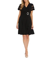 R & M Richards Short Sleeve V-Neck Rhinestone Buckle Fit And Flare Dress
