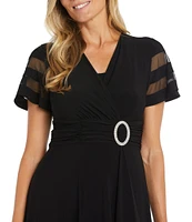 R & M Richards Short Sleeve V-Neck Rhinestone Buckle Fit And Flare Dress