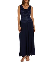 R & M Richards Sleeveless Cowl Neck Glitter Ruched Bodice Drop Waist Dress