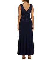 R & M Richards Sleeveless Cowl Neck Glitter Ruched Bodice Drop Waist Dress