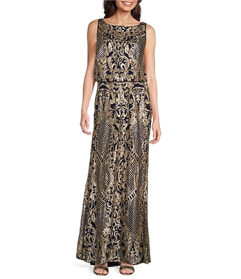 R & M Richards Sleeveless Crew Neck Embroidered Sequin Blouson Dress