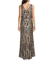 R & M Richards Sleeveless Crew Neck Embroidered Sequin Blouson Dress