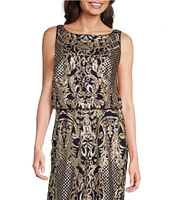 R & M Richards Sleeveless Crew Neck Embroidered Sequin Blouson Dress