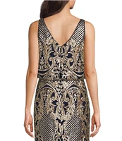 R & M Richards Sleeveless Crew Neck Embroidered Sequin Blouson Dress