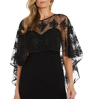 R & M Richards Crew Neck Embroidered Mesh Cape Overlay Dress