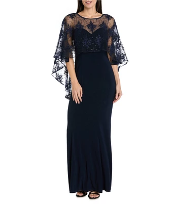 R & M Richards Sweetheart Neck Embroidered Mesh Cape Overlay Dress