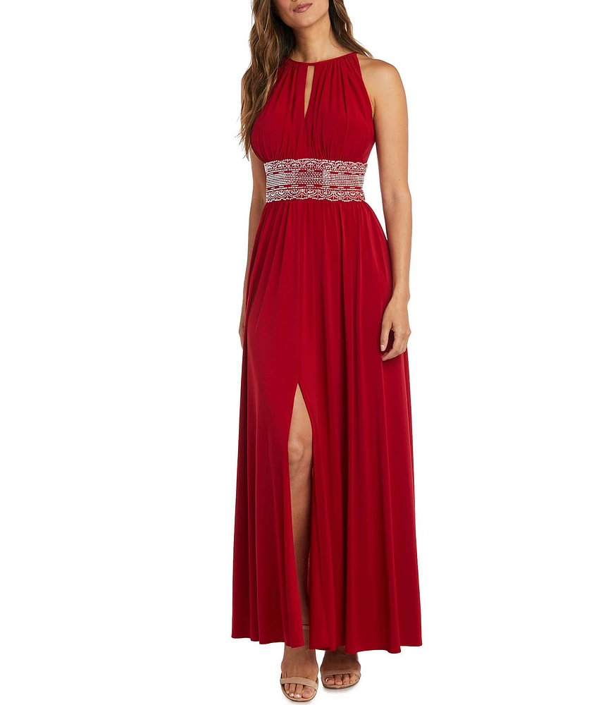 R & M Richards Sleeveless Halter Keyhole Neck Detail Waist Front Slit A-Line Gown