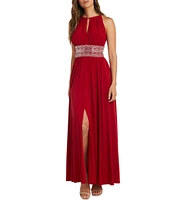 R & M Richards Sleeveless Halter Keyhole Neck Detail Waist Front Slit A-Line Gown