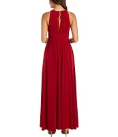 R & M Richards Sleeveless Halter Keyhole Neck Detail Waist Front Slit A-Line Gown