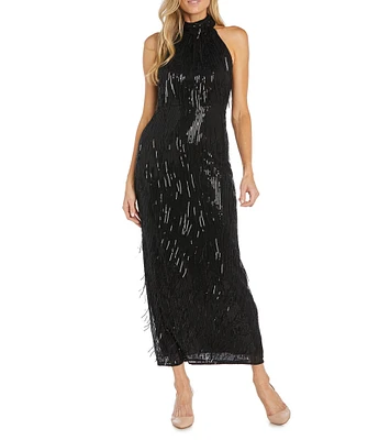 R & M Richards Sleeveless Halter Neck Embroidered Sequin Fringe Dress