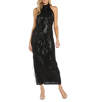 R & M Richards Sleeveless Halter Neck Embroidered Sequin Fringe Dress