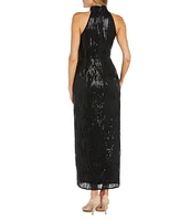 R & M Richards Sleeveless Halter Neck Embroidered Sequin Fringe Dress